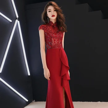 Burgundy Lace Patchwork Cheongsam Women Evening Party Gown Satin Sexy Tight Slim Prom Dress Side Split Sequins Vestido De Festa
Burgundy Lace Patchwork Cheongsam Women Evening Party Gown Satin Sexy Tight Slim Prom Dress Side Split Sequins Vestido De Festa