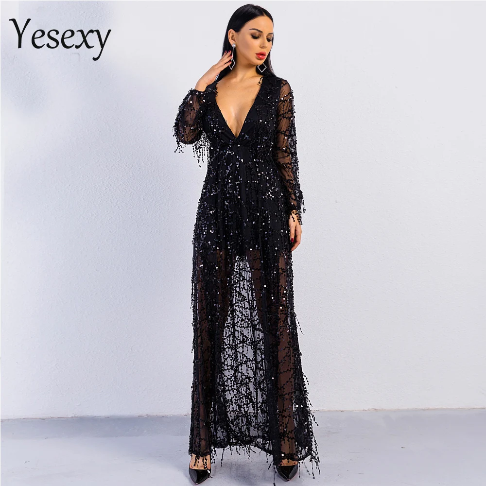 

Free Shipping 2019 Sexy ankle-length long sleeve deep V two split sequin maxi dress VR2901