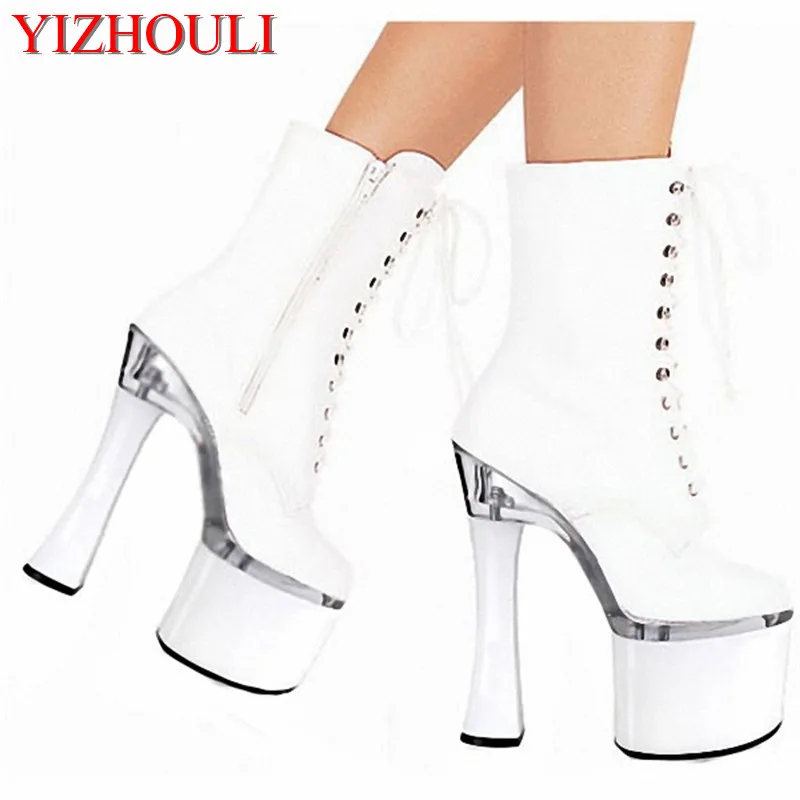 

coarse heel shoe 18cm sexy white side zipper low boot, super high and autumn women dancing shoes