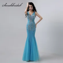 Sexy Mermaid Prom Dresses With Luxury Crystal Open Back Evening Gowns Blue Tulle vestidos de fiesta de la sirena In Stock YD002(China)