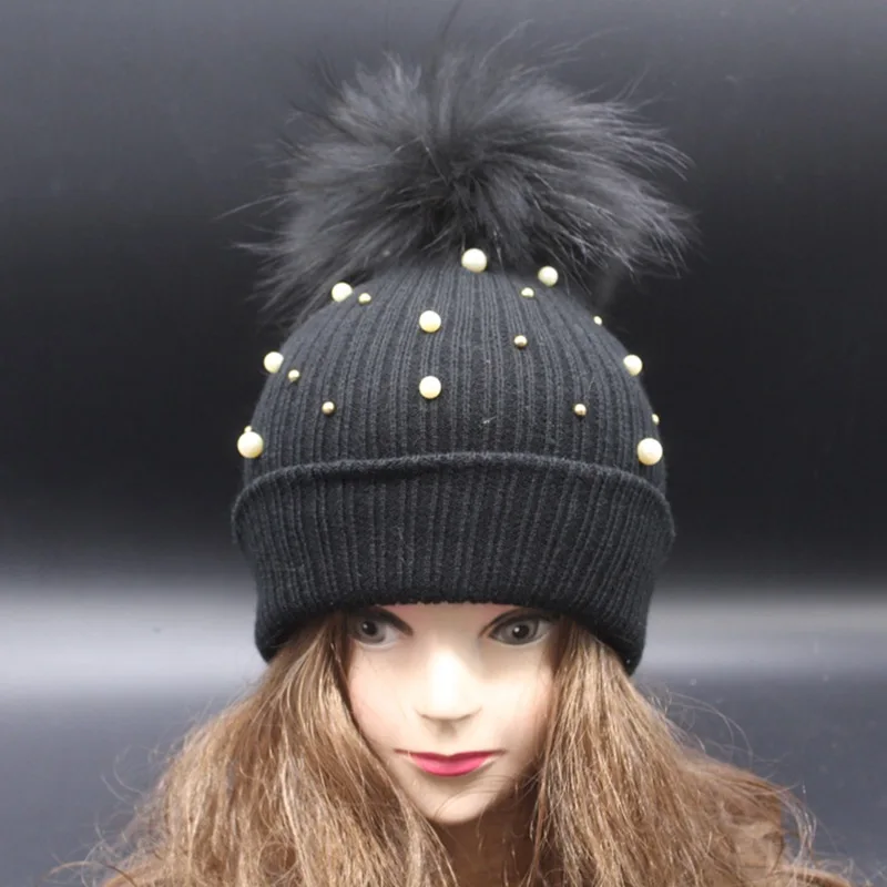 

new arrival dyed pom pom black raccoon fur hat pearl handmaded decorated beanies super big pom pom beanies women fashion hat