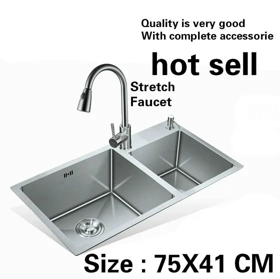 

Free shipping Household luxury stretch faucet kitchen manual sink double groove 304 food grade stainless steel hot sell 75x41 CM
