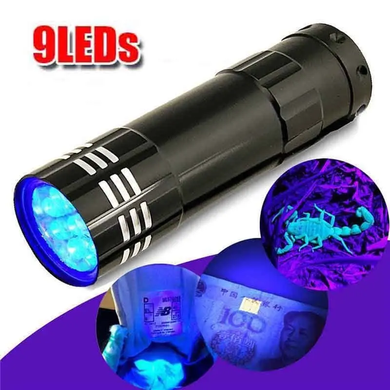 

Mini Aluminum UV Ultra Violet 9 LED Flashlight Blacklight AAA Torch Light Lamp Black 84*23mm Aluminium Alloy 50,000H