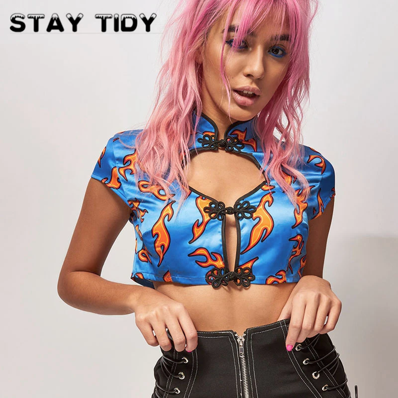 STAYTIDY Cheongsam Hole Fire Print Hollow Out Crop Top 2019 Summer Women Stand Collar Short Sleeve T Shirt Sexy Party Streetwear
STAYTIDY Cheongsam Hole Fire Print Hollow Out Crop Top 2019 Summer Women Stand Collar Short Sleeve T Shirt Sexy Party Streetwear