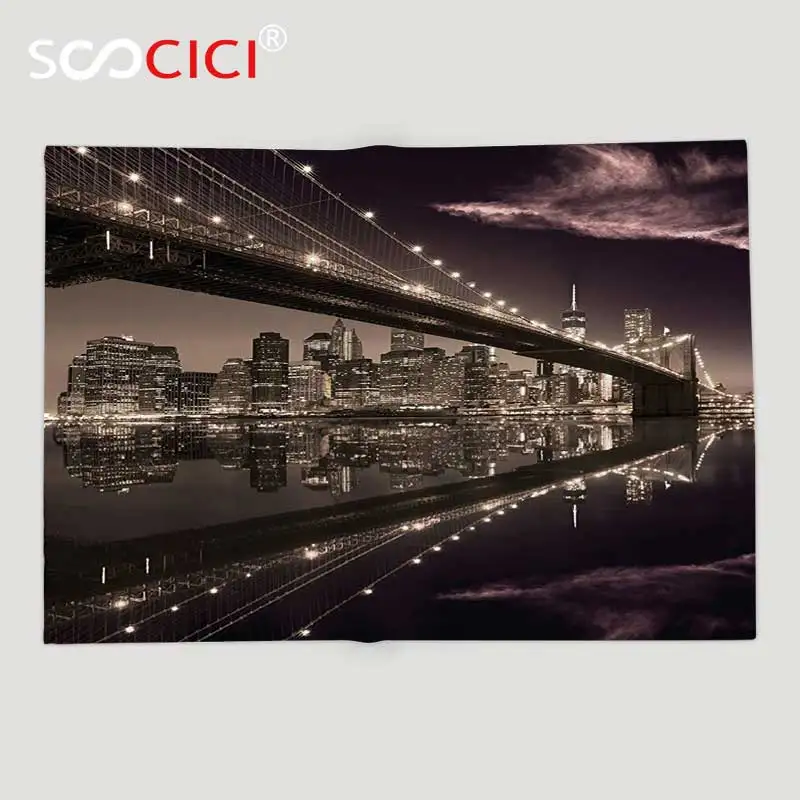 

Custom Soft Fleece Throw Blanket Apartment Decor Brooklyn Bridge Sunset New York Manhattan Skyline Tourist Attraction Modern