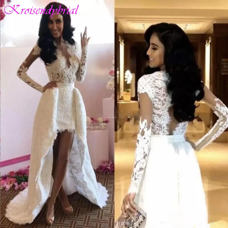 DZW172 2019 New Short Front Long Back Lace Wedding Dresses Long Sleeve detachable train V Neck Hollow Back High Low Bridal Gowns
DZW172 2019 New Short Front Long Back Lace Wedding Dresses Long Sleeve detachable train V Neck Hollow Back High Low Bridal Gowns