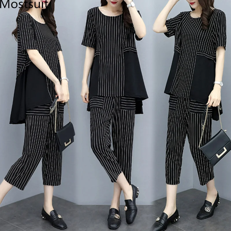 2019 Summer Striped Two Piece Sets Women Plus Size Short Sleeve Tops And Cropped Pants Suits Casual Office Elegant Women's Sets
2019 Summer Striped Two Piece Sets Women Plus Size Short Sleeve Tops And Cropped Pants Suits Casual Office Elegant Women's Sets