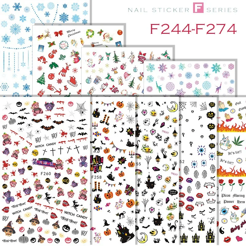F244-F274 Nail Art Stickers Halloween Pumpkin Bat Bear Christmas Tree Snowflake Flower Stickers for Nails Art Decoration
F244-F274 Nail Art Stickers Halloween Pumpkin Bat Bear Christmas Tree Snowflake Flower Stickers for Nails Art Decoration