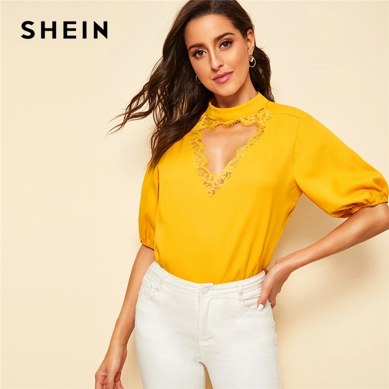 SHEIN Lace Trim Choker Neck Puff Sleeve Blouse Sexy Ginger Solid Button Women Stand Collar Half Sleeve Tops and Blouses
SHEIN Lace Trim Choker Neck Puff Sleeve Blouse Sexy Ginger Solid Button Women Stand Collar Half Sleeve Tops and Blouses