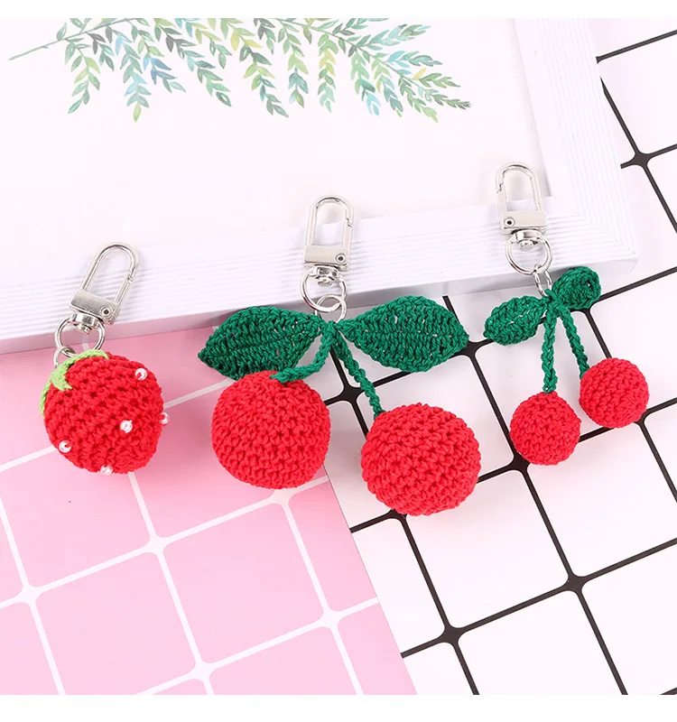 Cute Handmade Knitting Wave Big Cherry Strawberry Key Chains for women Funny Fruit Keychains Bag Hanging Car Key Holder Keyrings
Cute Handmade Knitting Wave Big Cherry Strawberry Key Chains for women Funny Fruit Keychains Bag Hanging Car Key Holder Keyrings