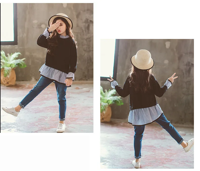 toddler girl outfits 2018 striped patchwork t-shirt tops denim pants clothes kids 2 pcs autumn suits children outfits clothing (8)