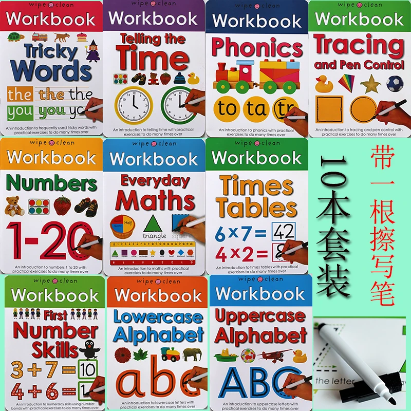 10 books/set wipe clean Workbook +pen children English picture book times tables maths number skill tricky words ABC
10 books/set wipe clean Workbook +pen children English picture book times tables maths number skill tricky words ABC