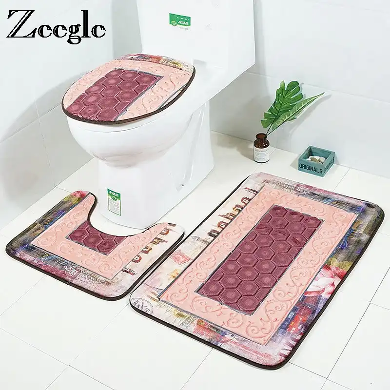 Zeegle 3d Embossed Bathroom Mat Set Toilet Rug Non Slip For