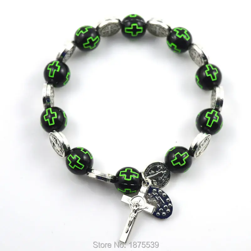 St benedict bracelet 10 alloy bead and 10 acrylic round bead with small religious pendant medal
St benedict bracelet 10 alloy bead and 10 acrylic round bead with small religious pendant medal