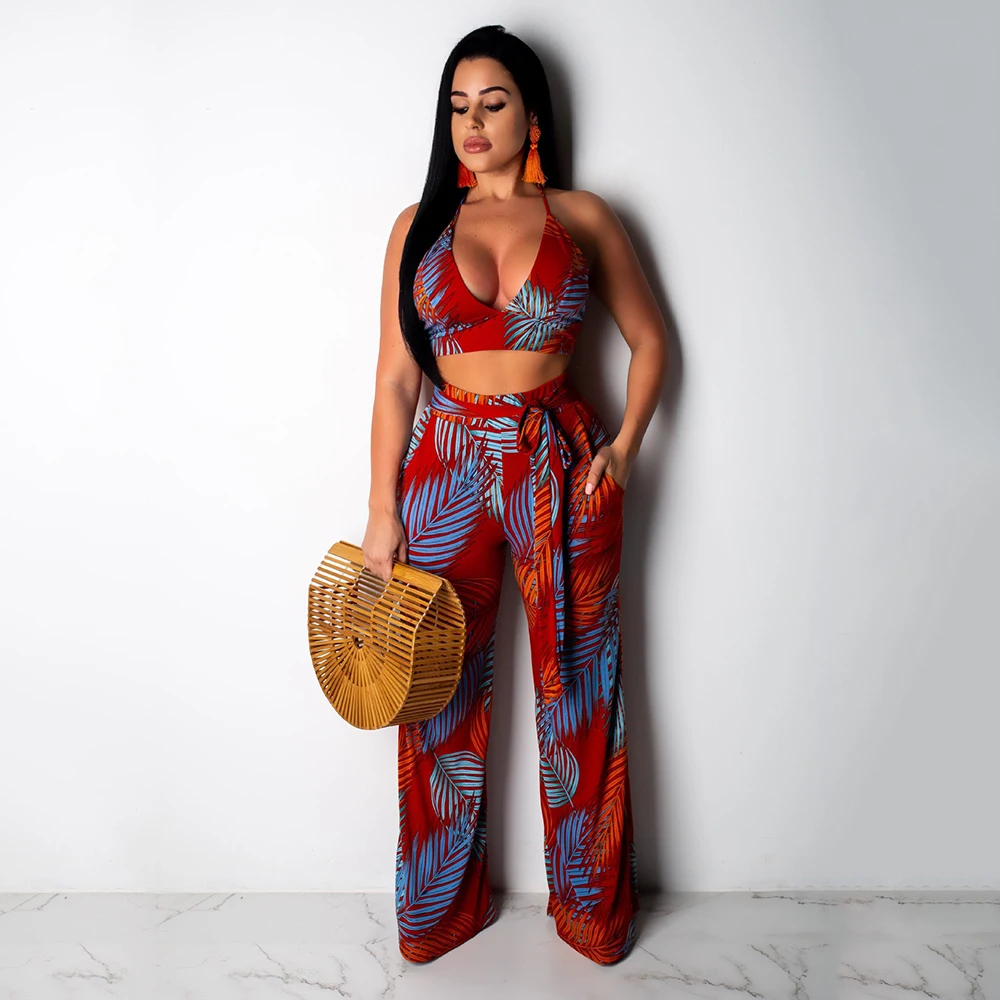 Women Summer V-Neck Halter Sleeveless Leaf Print Backless Crop Top Bohemian Wide Leg Pants 2 Piece Set Elegant Lace Up Outfits
Women Summer V-Neck Halter Sleeveless Leaf Print Backless Crop Top Bohemian Wide Leg Pants 2 Piece Set Elegant Lace Up Outfits