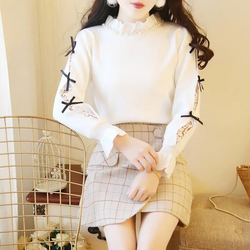 Women Beading Half Turtleneck Sweater Female Bow Lace Patchwork Tricot Pullover Knitwear Japanese Style Cute Knitted Jumper K257 
Women Beading Half Turtleneck Sweater Female Bow Lace Patchwork Tricot Pullover Knitwear Japanese Style Cute Knitted Jumper K257