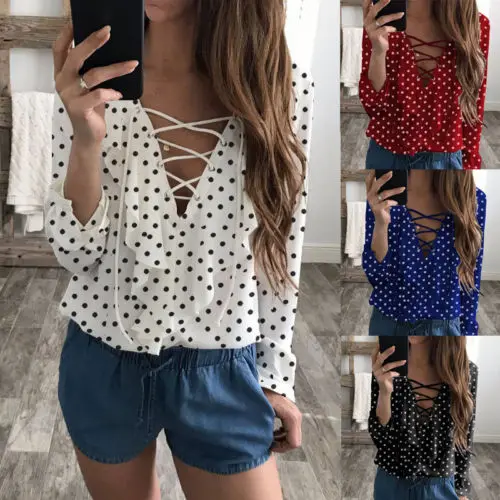 Polka Dots Women Ladies Bandage Loose Blouse Shirts Ruffles V Neck Cross Casual Shirt Tops White Red Summer Clothing
Polka Dots Women Ladies Bandage Loose Blouse Shirts Ruffles V Neck Cross Casual Shirt Tops White Red Summer Clothing