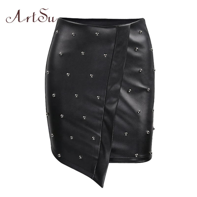 ArtSu Fashion Black PU Leather Rivet Skirt Women High Waist Asymmetrical Slim Mini Skirts Punk Rock Short Saias Spring ASSK20146
ArtSu Fashion Black PU Leather Rivet Skirt Women High Waist Asymmetrical Slim Mini Skirts Punk Rock Short Saias Spring ASSK20146