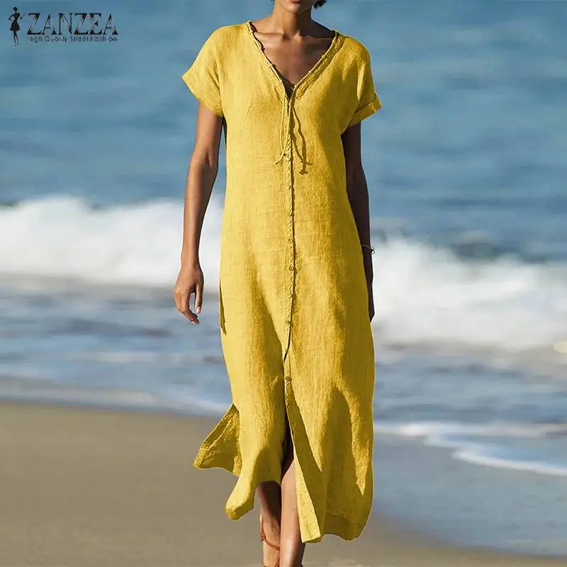 

Summer Sundress Women's Shirt Dress ZANZEA 2019 Elegant Button Short Sleeve Maxi Vestidos Female Casual Tunic Robe Oversized 5XL