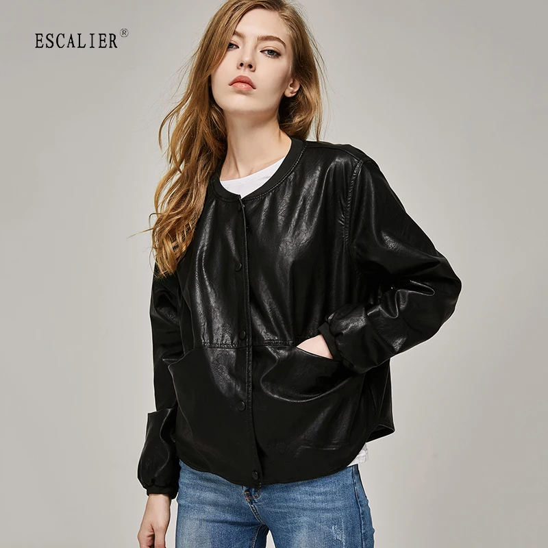 Image 2017 Autumn Leather Jacket Women Casual Long Sleeve Button Slim Coat Fashion PU Leather Bomber Jacket Femininas