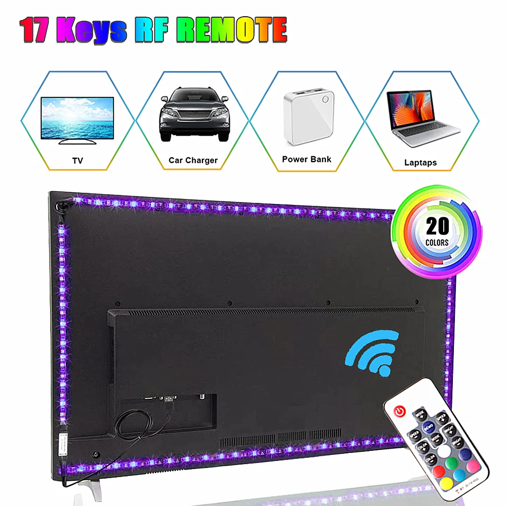 USB LED Strip RGB 5050 TV Lights Flexible Neon Lamp with 17keys RF Controller LED Strip USB Power Supply For Car Speaker PC TV
USB LED Strip RGB 5050 TV Lights Flexible Neon Lamp with 17keys RF Controller LED Strip USB Power Supply For Car Speaker PC TV