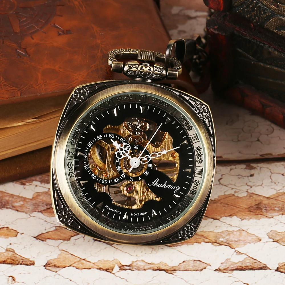 2018 New Arrival Steampunk Skeleton Open Face Hand Wingding Mechanical Pocket Watch Men Women Antique Square Case Creative Watch (9)
