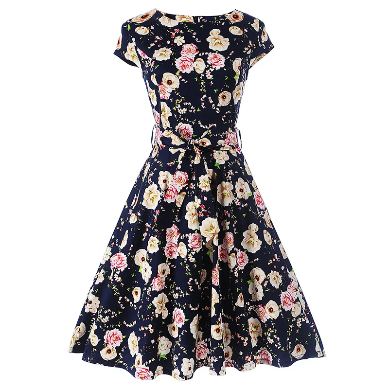 Kostlish Floral Print Summer Sundress 2017 Short Sleeve Belt Tunic Vintage Dress Women Elegant Swing Rockabilly Party Dresses (1)