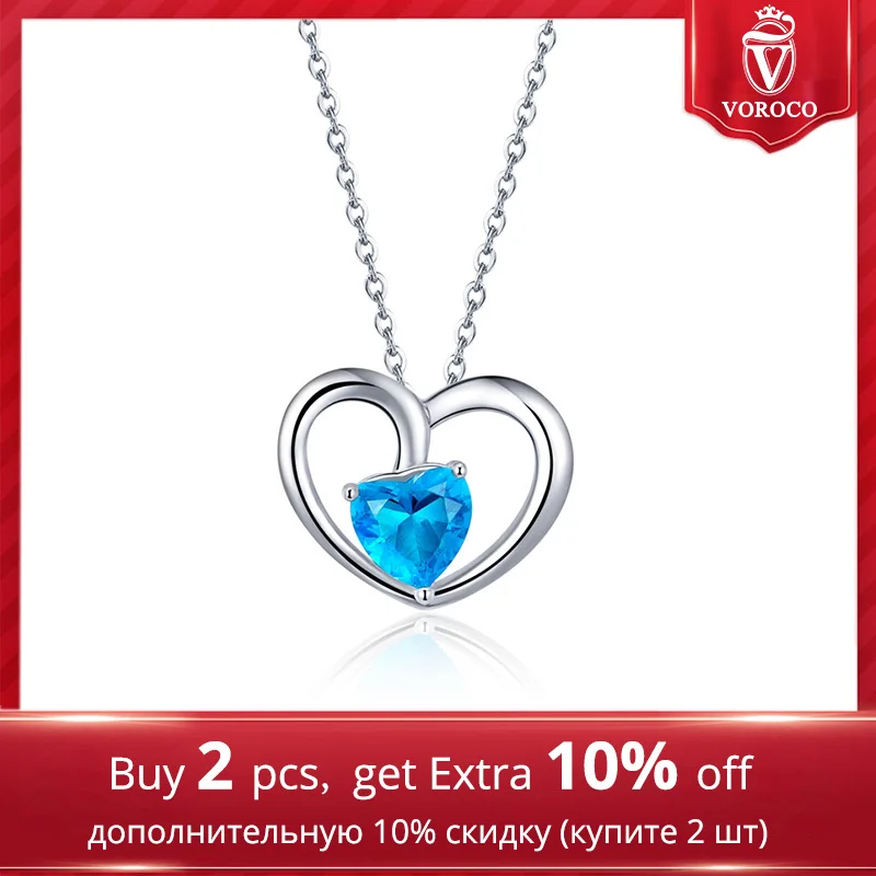 VOROCO Authentic 925 Sterling Silver Romantic Heart 3A CZ Stone Pendant Necklace For Woman Party Luxury Fine Jewelry BKN277