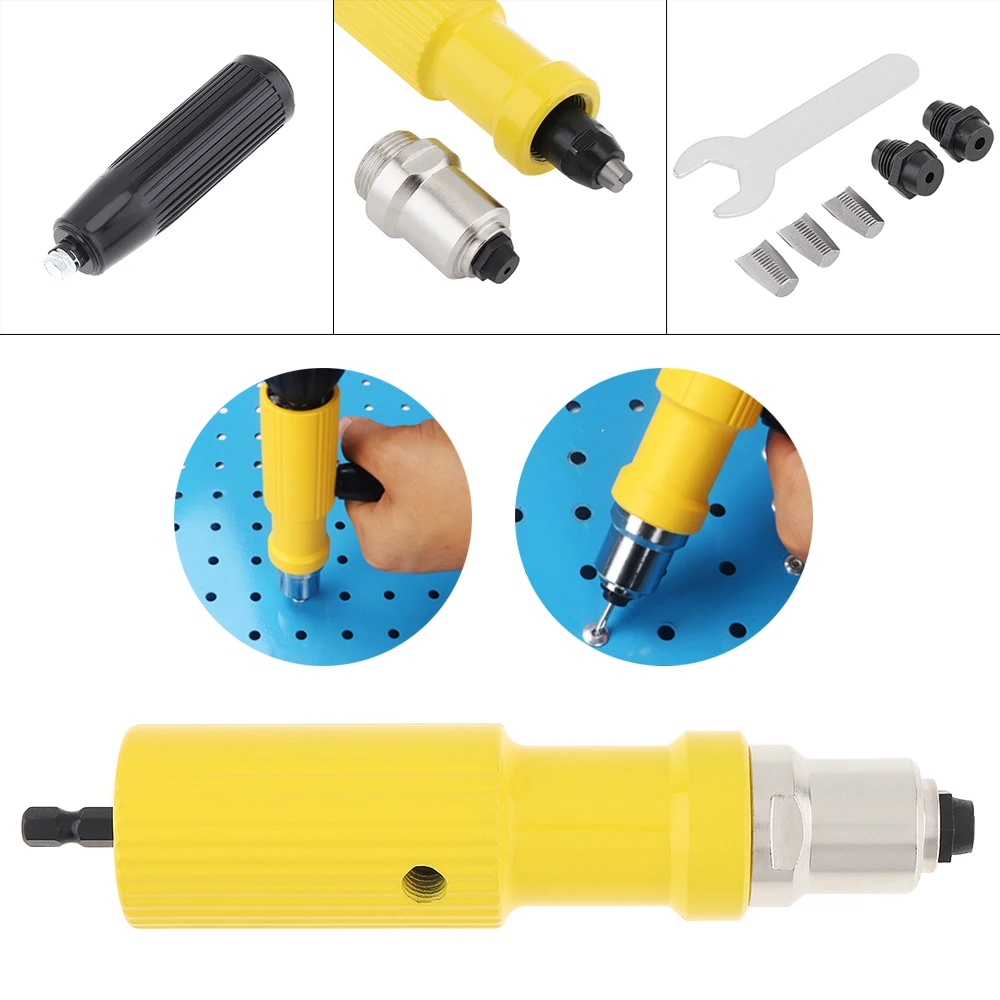 Yellow Hard Metal Electric Riveting Gun Adapter with 2.2 / 2.5 / 3.2mm Diameter Rivet Head and Handle Wrench for Electric Drill
Yellow Hard Metal Electric Riveting Gun Adapter with 2.2 / 2.5 / 3.2mm Diameter Rivet Head and Handle Wrench for Electric Drill
