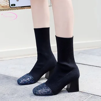 South Korean nightclub style round head autumn ankle boots stretch bling black high heel thick riding boots women's shoes
South Korean nightclub style round head autumn ankle boots stretch bling black high heel thick riding boots women's shoes