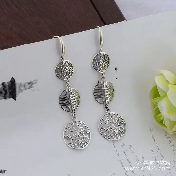 

925 sterling silver jewelry ms Thai silver hollow out pattern of folk wind restoring ancient ways the new earrings