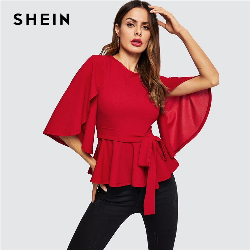 SHEIN Элегантная Блузка С Длинным Рукавом И Поясом Нарядная Баской Оригинальный