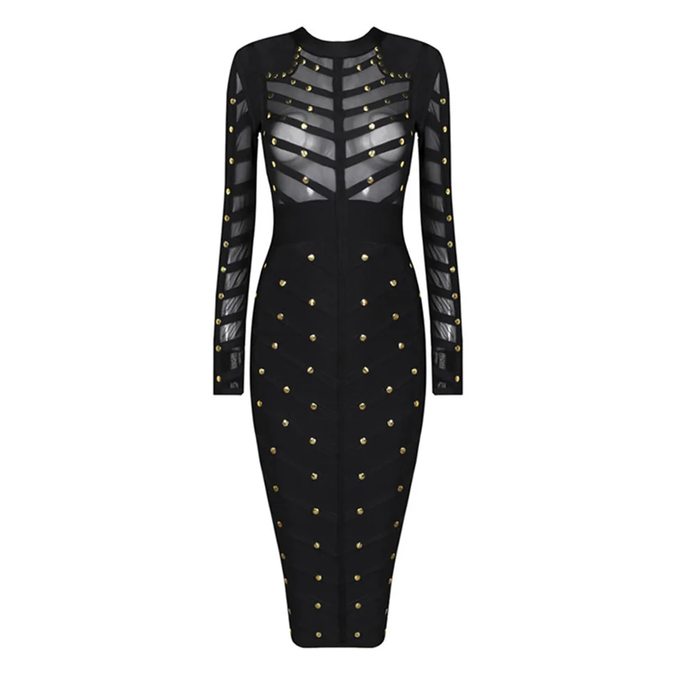 TANG Summer Sexy Low Chest Women Dress Fashion Rivet Slim High Waist Dress Runway Perspective Hollow Out Party dress (8)