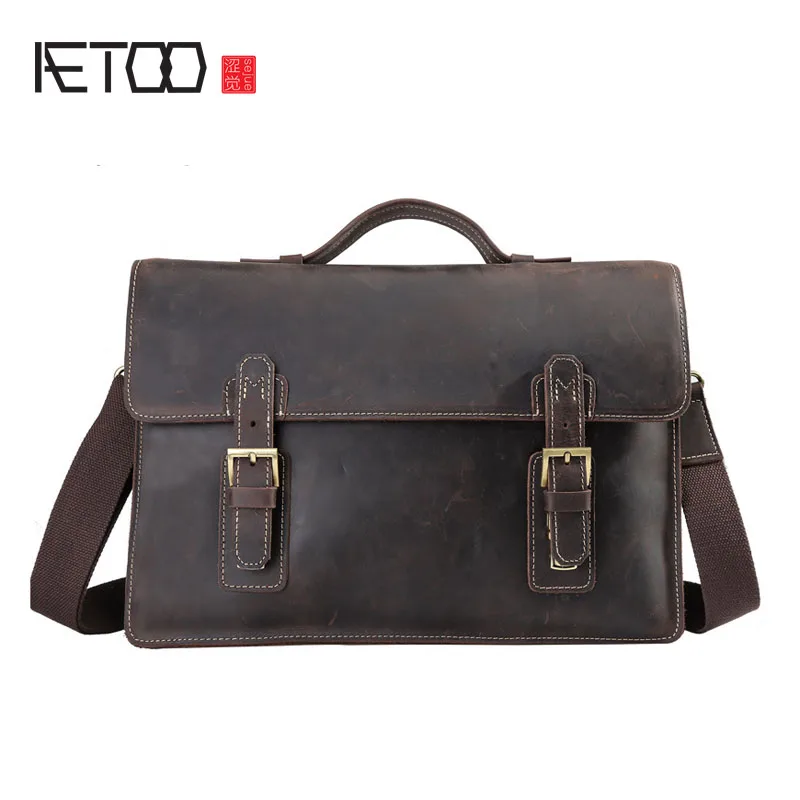 

AETOO Retro British first layer oblique cross package mad horse leather briefcase 14 inch computer bag leather business men bag