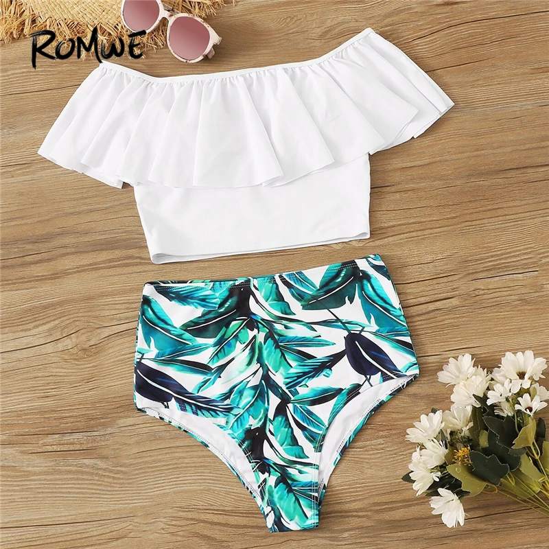 

Romwe Sport Bikinis Set Exaggerated Ruffle Off the Shoulder Flounce Bardot Top With Tropical Leaf Print Bottoms Women Swimsuit