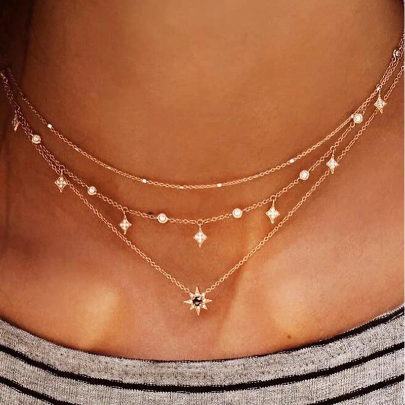 Tocona Charm Shiny Gem Crystal Star Bead Chain Tassel Pendant Multilayer Clavicle Neckace Women Boho Gold Party Jewelry Gift6568 | Украшения