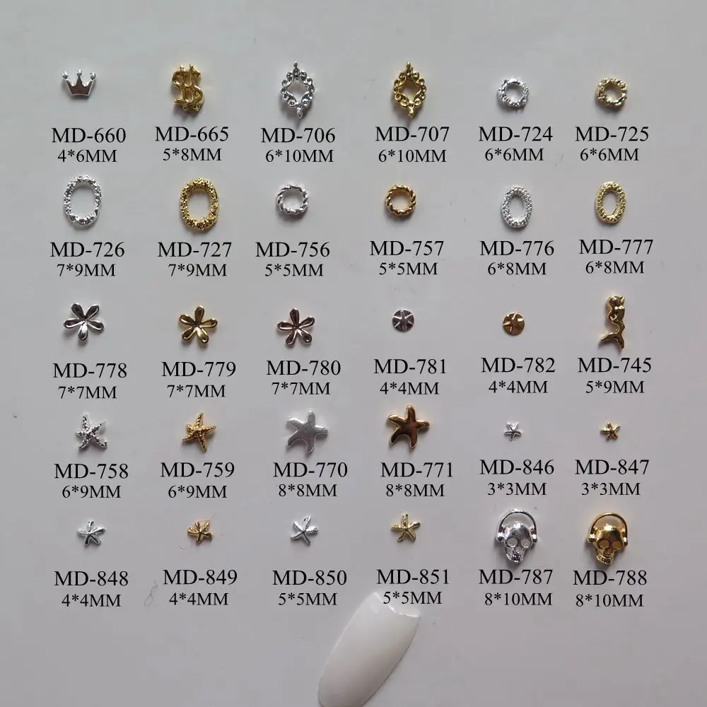 3D 50pcs/bag Different Silver Crown Dollar Flower Starfish Skull Head Nail Decoration Metal Shinny Deco 2
3D 50pcs/bag Different Silver Crown Dollar Flower Starfish Skull Head Nail Decoration Metal Shinny Deco 2