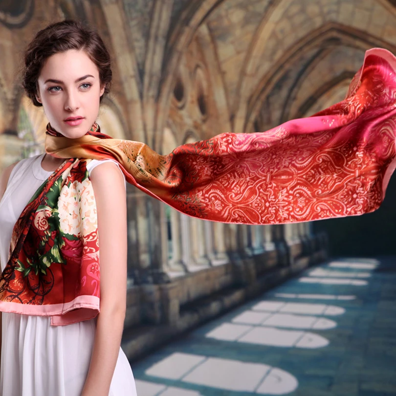 

[BYSIFA] Autumn Winter Ladies 100% Silk Long Scarves Wraps 2018 New Top Grade Floral Design Red Coffee Women Scarf Shawl Foulard