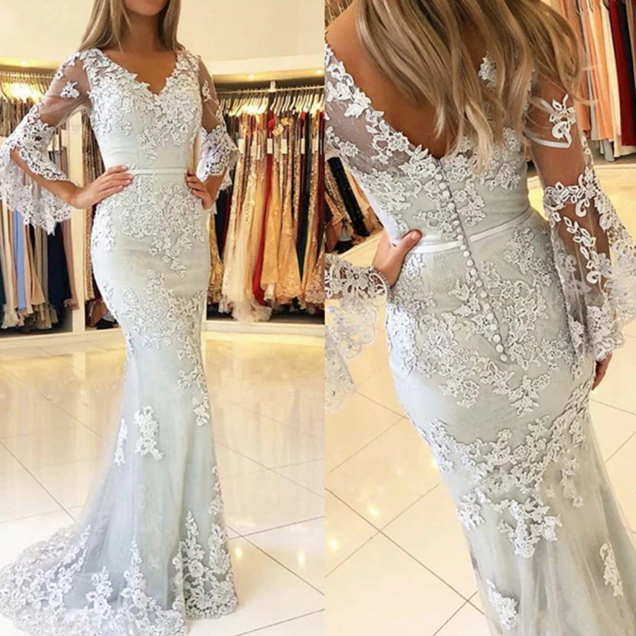 2021 New Cheap V Neck Sexy Mermaid Prom Dresses Lace Applique Long Bell Sleeves Floor Length Open Back Dresses Evening Wear
2021 New Cheap V Neck Sexy Mermaid Prom Dresses Lace Applique Long Bell Sleeves Floor Length Open Back Dresses Evening Wear