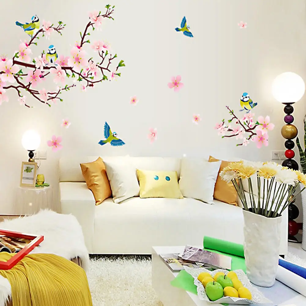 

2017 Fashion Elegant Flower Wall Stickers Graceful Peach Blossom birds Wall Stickers Furnishings Romantic Living Room Decoration