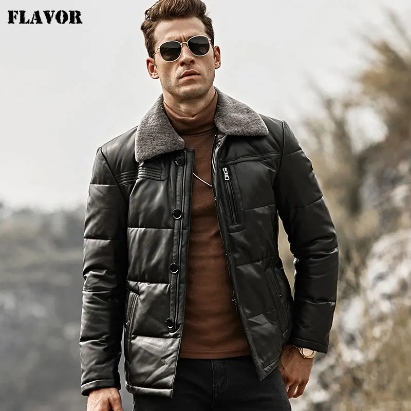 FLAVOR Men's Duck Down Leather Jacket Men Lambskin Genuine Leather Jacket Winter Warm Down Coat with Removable Sheep Fur Collar
FLAVOR Men's Duck Down Leather Jacket Men Lambskin Genuine Leather Jacket Winter Warm Down Coat with Removable Sheep Fur Collar