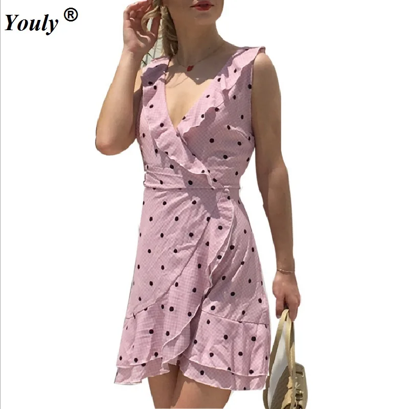 Pink Polka Dot Mini Beach Dress Summer V Neck Ruffle Wrap Dress 2019 Women Casual Vest Sleeveless Vintage Dress Femme Vestidos
Pink Polka Dot Mini Beach Dress Summer V Neck Ruffle Wrap Dress 2019 Women Casual Vest Sleeveless Vintage Dress Femme Vestidos