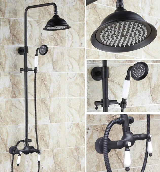 

Brass Black Oil Rubbed Bronze Bathroom Rainfall Bath Shower Mixer Tap Faucet Dual Ceramic Handles Wall Mounted ars471