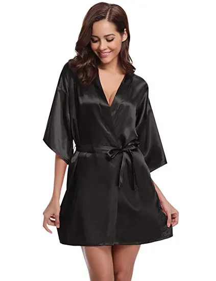 Women Silk Satin Short Night Robe Solid Kimono Robe Fashion Bath Robe Sexy Bathrobe Peignoir Femme Wedding Bride Bridesmaid Robe 103