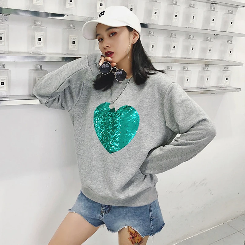 High Quality Plus Size Reflected Sequins Casual Terry Sweatshirt Women Cotton Hoodies Autumn Love Discoloration Pullover C-216