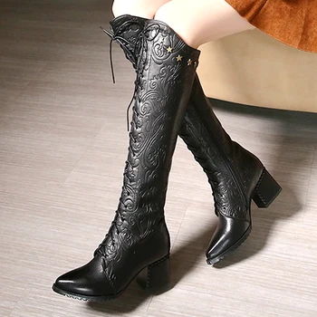 Women Knee High Boots Genuine Leather Shoes Woman Fashion Pointed Toe Cross-tied Combat Woman Quality Boots Big Size 34-42
Women Knee High Boots Genuine Leather Shoes Woman Fashion Pointed Toe Cross-tied Combat Woman Quality Boots Big Size 34-42