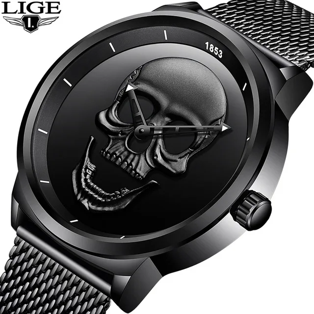 

LIGE Brand Cool punk style Pirate Skeleton Skull Quartz Mens Watches Mesh Steel sports Black Watch Men Relogio Masculino+Box