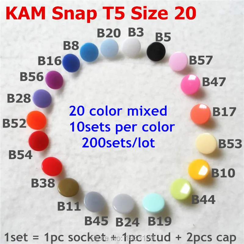 

Chenkai 200sets original Glossy Size 20 T5 KAM Plastic Snap Buttons for baby diaper 10sets per bag ( 20 color mixed )