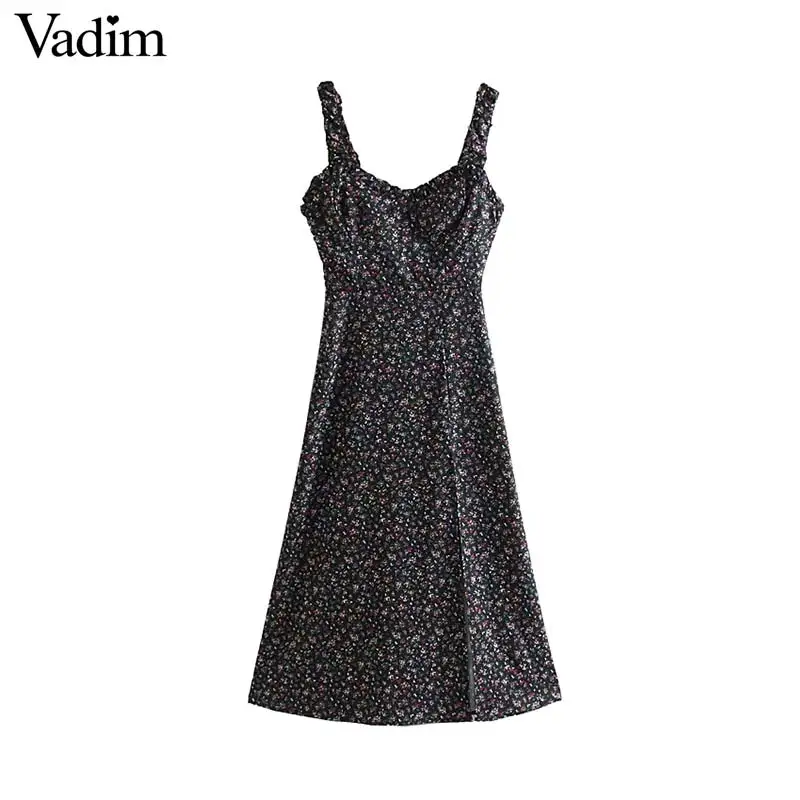 Vadim women floral pattern mid calf A-Line dress spaghetti strap sleeveless back zipper split female midi dresses vestido QB674
Vadim women floral pattern mid calf A-Line dress spaghetti strap sleeveless back zipper split female midi dresses vestido QB674