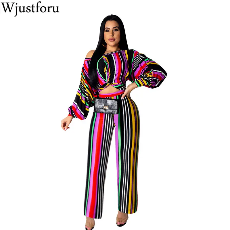 Wjustfor Colorful Stripe Women Two Piece Set Casual Off Shoulder Long Lantern Sleeve Twist Crop Top + Pants Fashion Outfits
Wjustfor Colorful Stripe Women Two Piece Set Casual Off Shoulder Long Lantern Sleeve Twist Crop Top + Pants Fashion Outfits